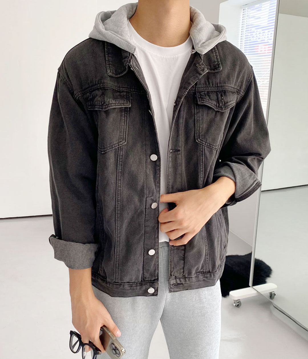 간절기 데님자켓 코디 데일리룩 오버핏 데님자켓 후드스타일 +